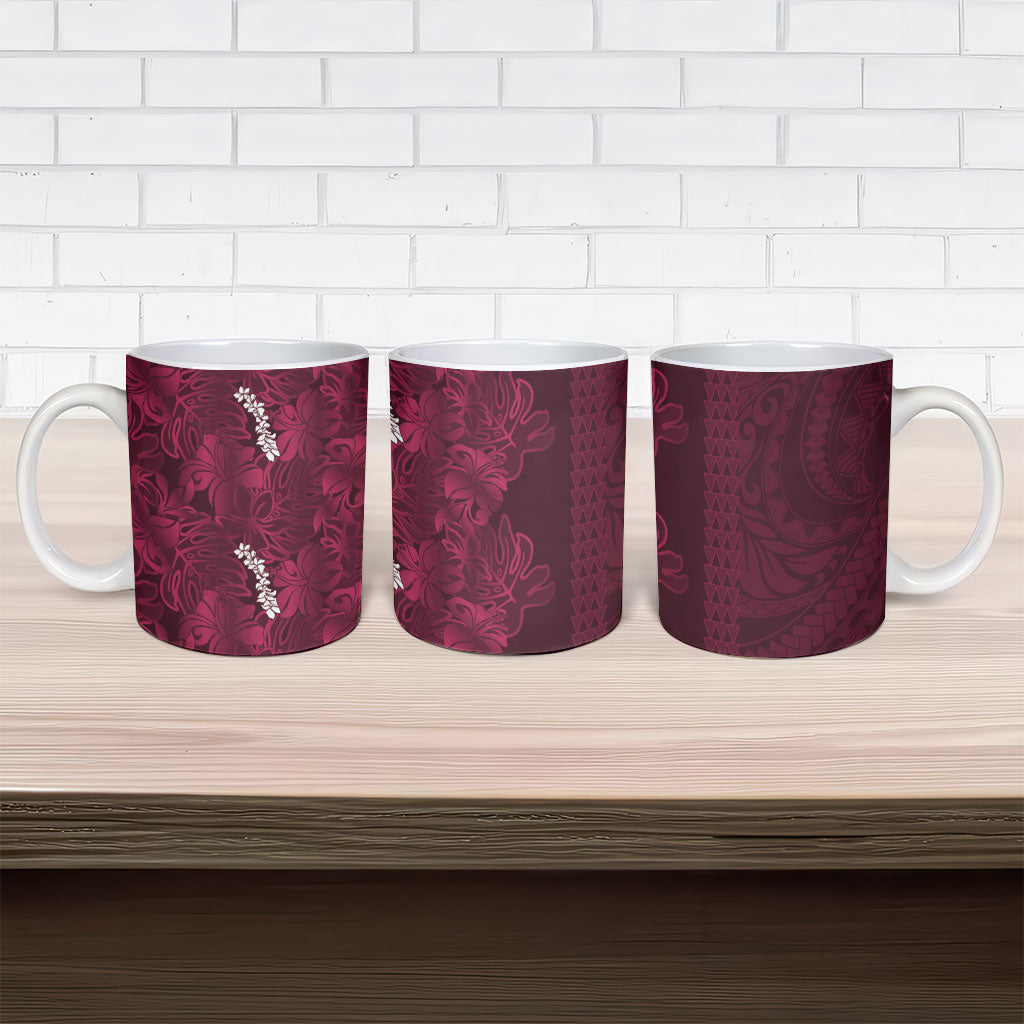 Burgundy Hibiscus Monstera Seamless Kakau Hawaii Ceramic Mug LT14 - Polynesian Pride
