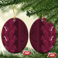 Burgundy Hibiscus Monstera Seamless Kakau Hawaii Ceramic Ornament LT14 Oval Burgundy - Polynesian Pride