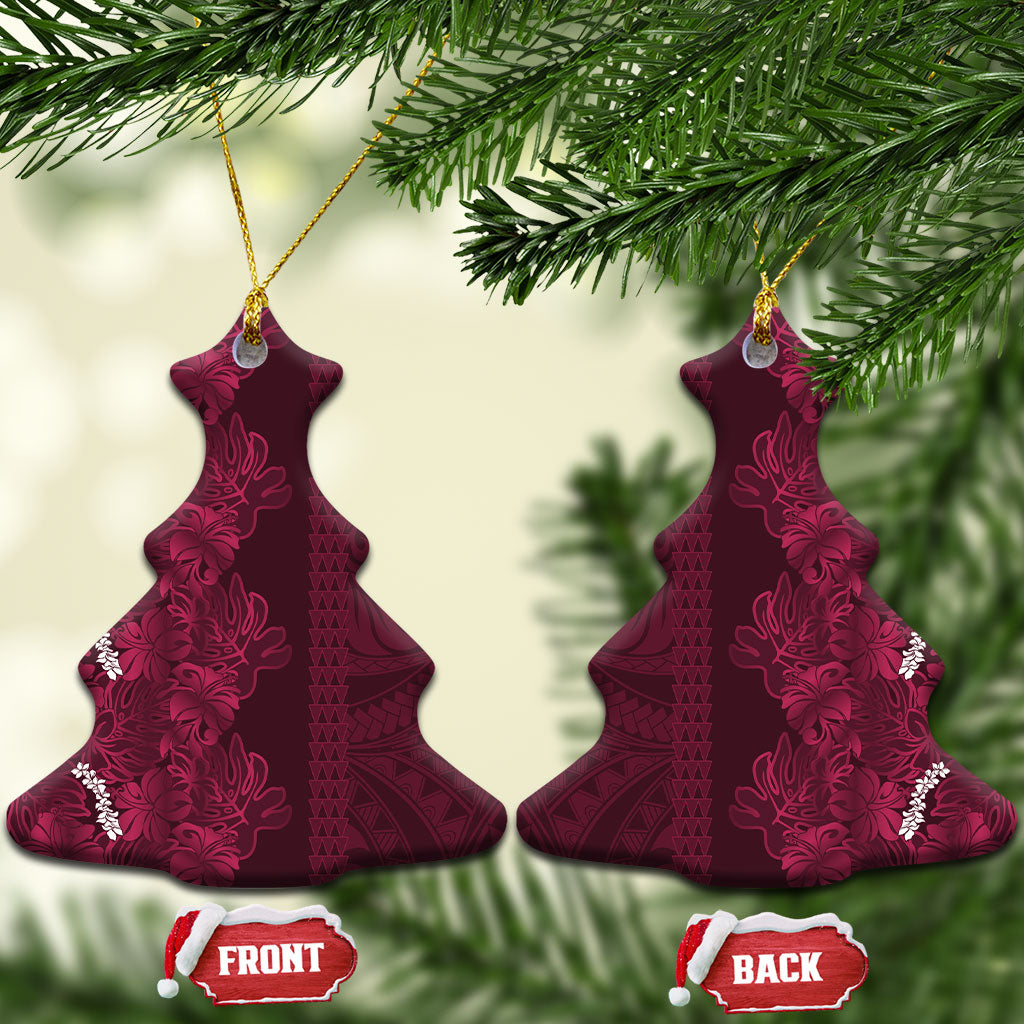 Burgundy Hibiscus Monstera Seamless Kakau Hawaii Ceramic Ornament LT14 Christmas Tree Burgundy - Polynesian Pride