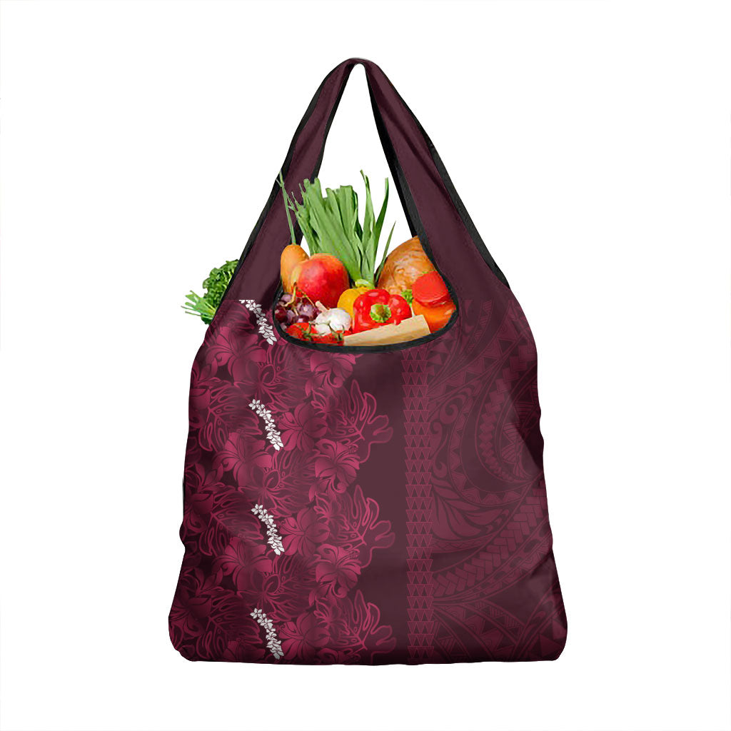 Burgundy Hibiscus Monstera Seamless Kakau Hawaii Grocery Bag