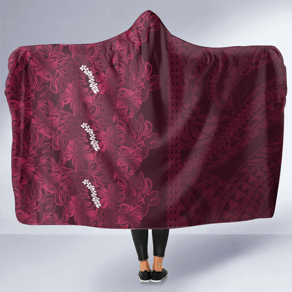 Burgundy Hibiscus Monstera Seamless Kakau Hawaii Hooded Blanket