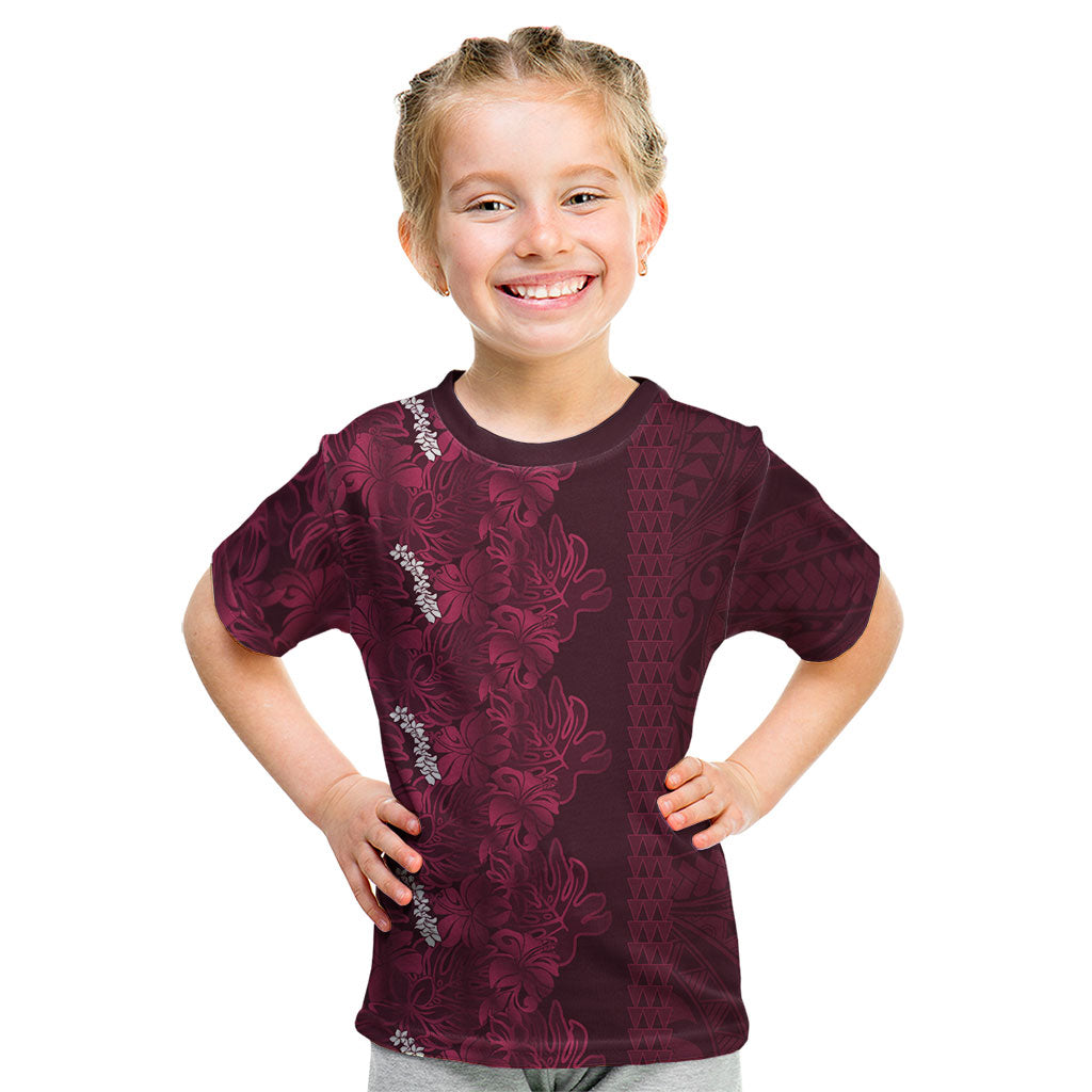 Burgundy Hibiscus Monstera Seamless Kakau Hawaii Kid T Shirt LT14 Burgundy - Polynesian Pride