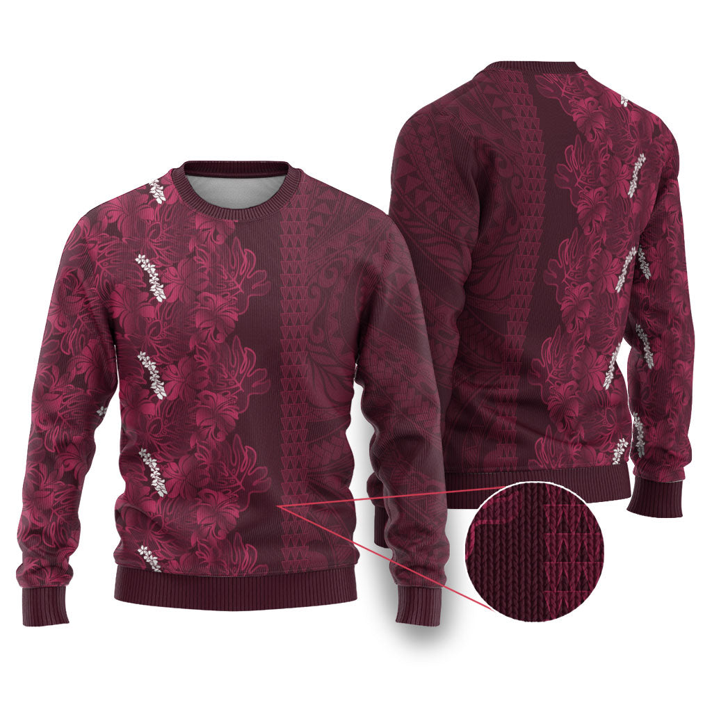 Burgundy Hibiscus Monstera Seamless Kakau Hawaii Ugly Christmas Sweater