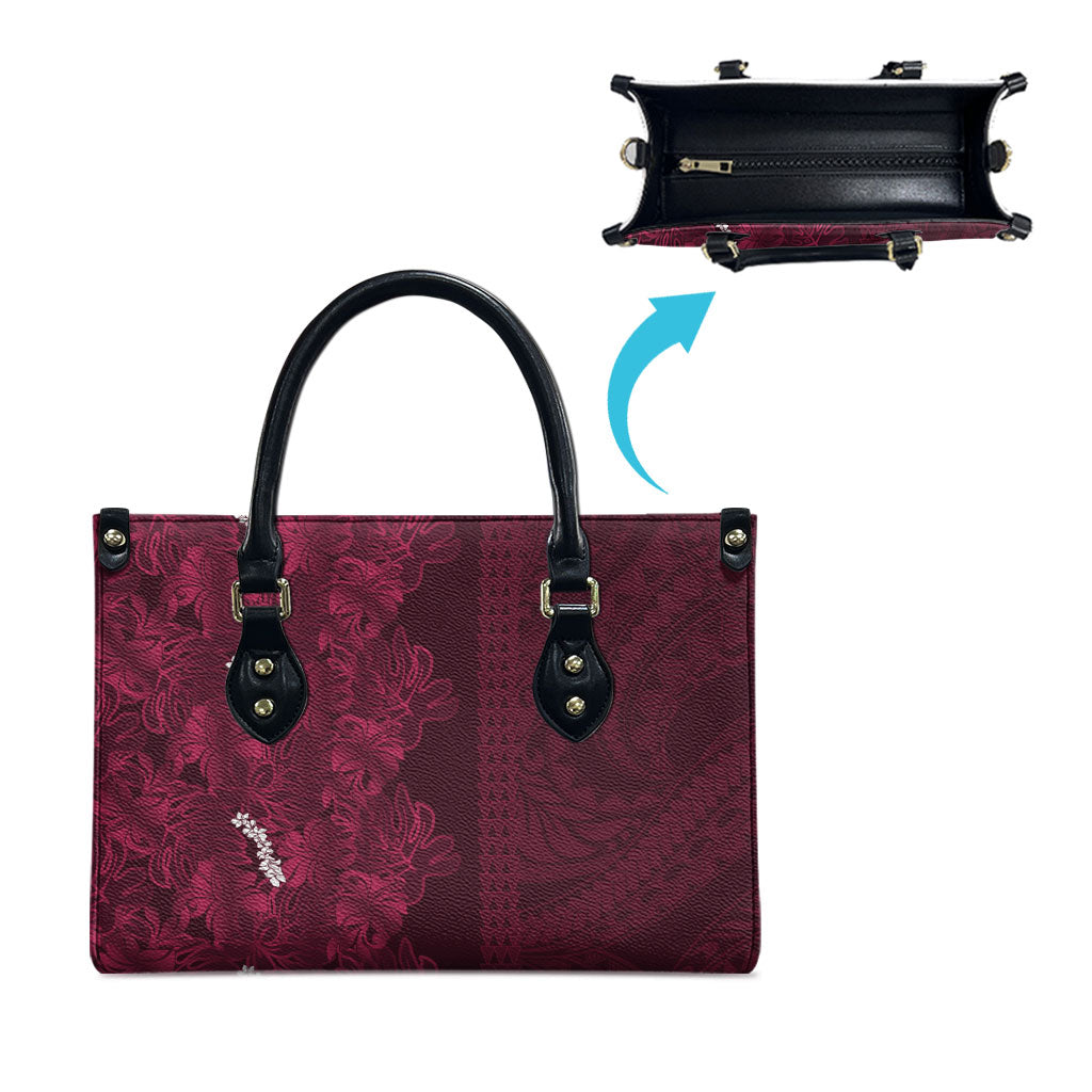 Burgundy Hibiscus Monstera Seamless Kakau Hawaii Leather Bag LT14 - Polynesian Pride