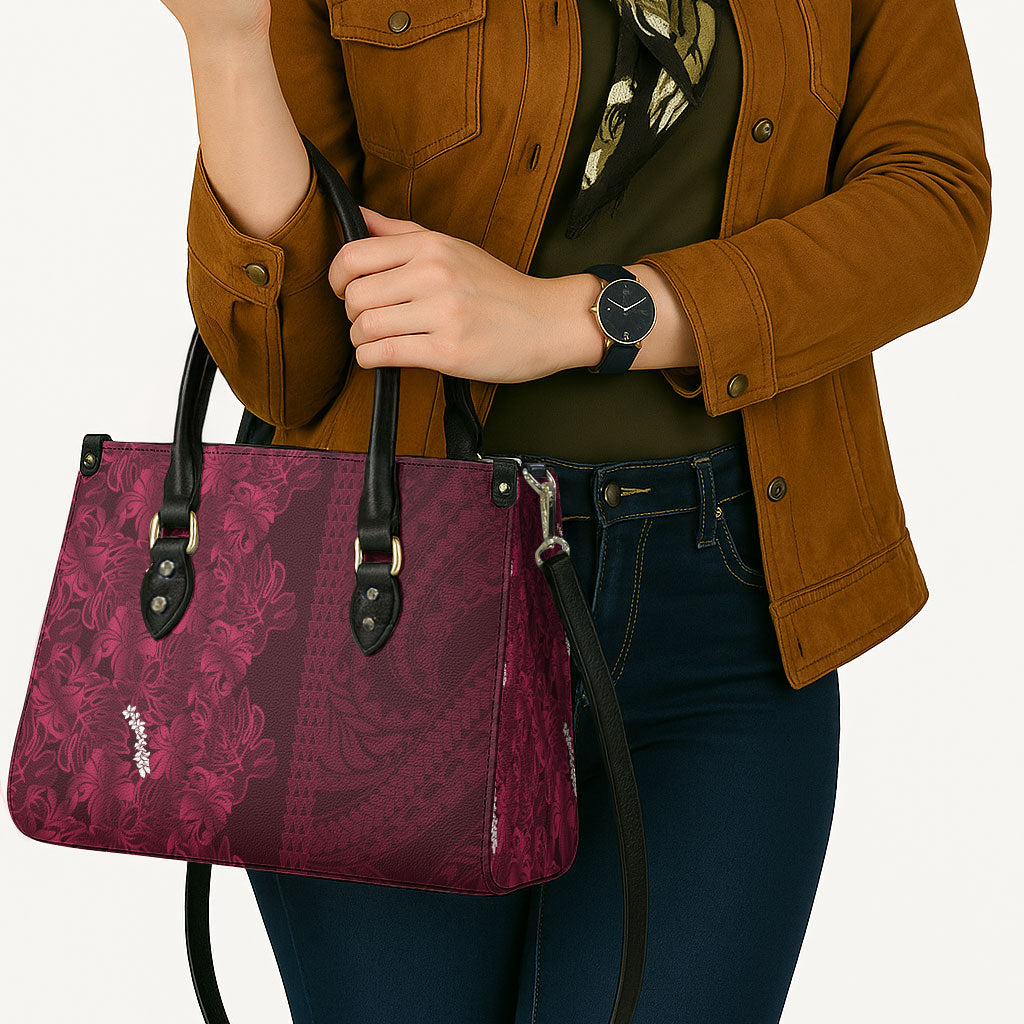 Burgundy Hibiscus Monstera Seamless Kakau Hawaii Leather Bag LT14 - Polynesian Pride
