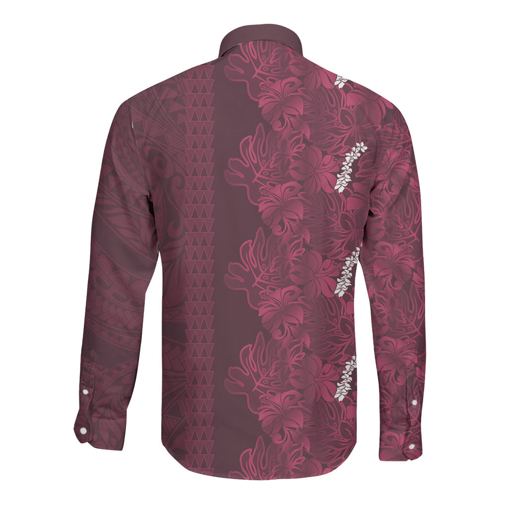 Burgundy Hibiscus Monstera Seamless Kakau Hawaii Long Sleeve Button Shirt LT14 - Polynesian Pride