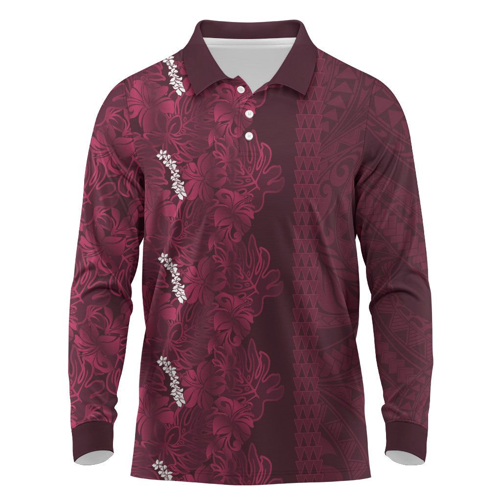 Burgundy Hibiscus Monstera Seamless Kakau Hawaii Long Sleeve Polo Shirt