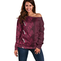 Burgundy Hibiscus Monstera Seamless Kakau Hawaii Off Shoulder Sweater LT14 Women Burgundy - Polynesian Pride