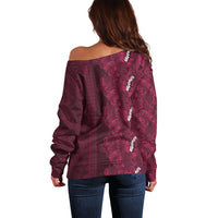 Burgundy Hibiscus Monstera Seamless Kakau Hawaii Off Shoulder Sweater LT14 - Polynesian Pride