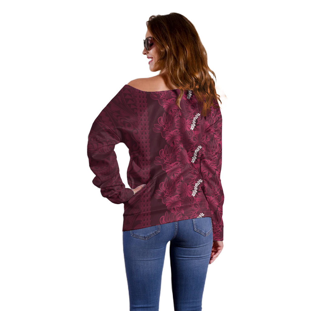 Burgundy Hibiscus Monstera Seamless Kakau Hawaii Off Shoulder Sweater LT14 - Polynesian Pride