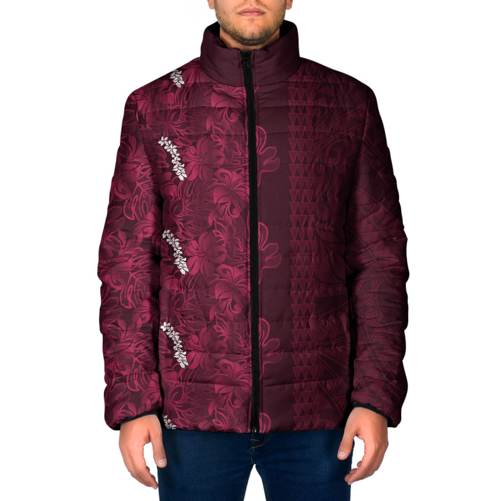 Burgundy Hibiscus Monstera Seamless Kakau Hawaii Padded Jacket LT14 Men Burgundy - Polynesian Pride