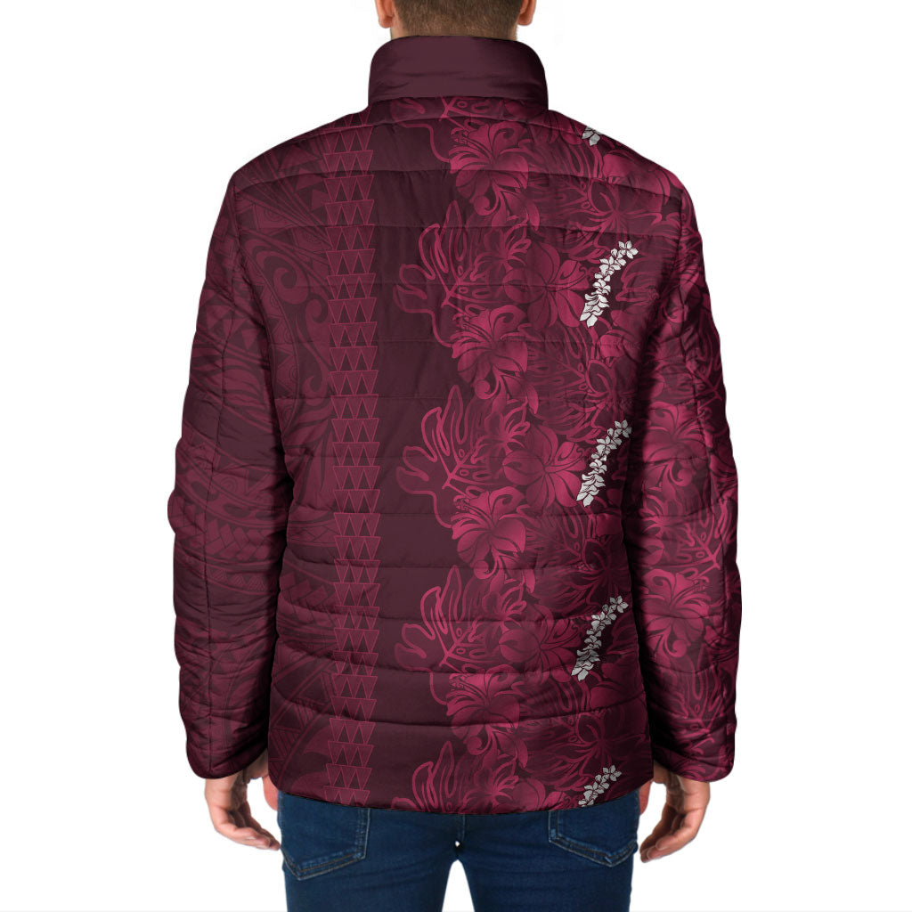 Burgundy Hibiscus Monstera Seamless Kakau Hawaii Padded Jacket LT14 - Polynesian Pride