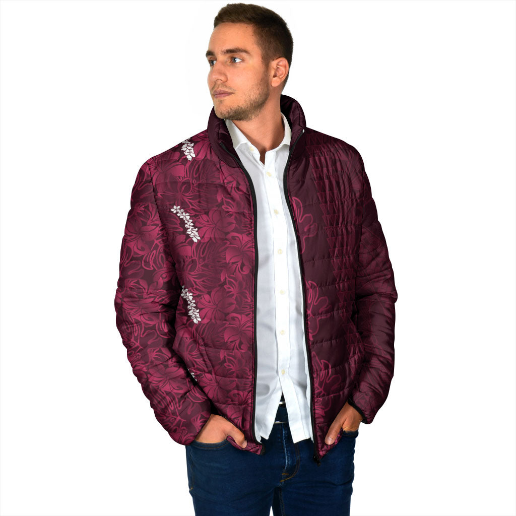 Burgundy Hibiscus Monstera Seamless Kakau Hawaii Padded Jacket LT14 - Polynesian Pride