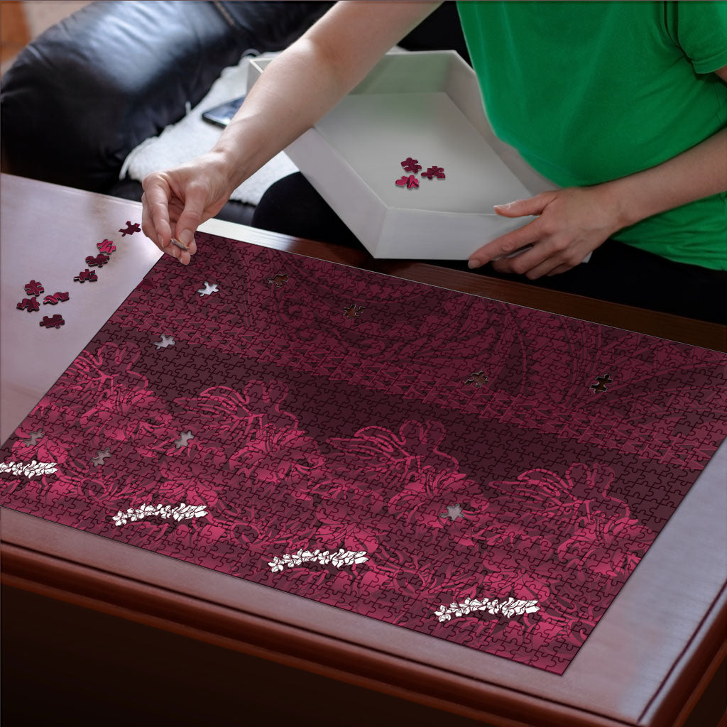 Burgundy Hibiscus Monstera Seamless Kakau Hawaii Puzzle LT14 - Polynesian Pride