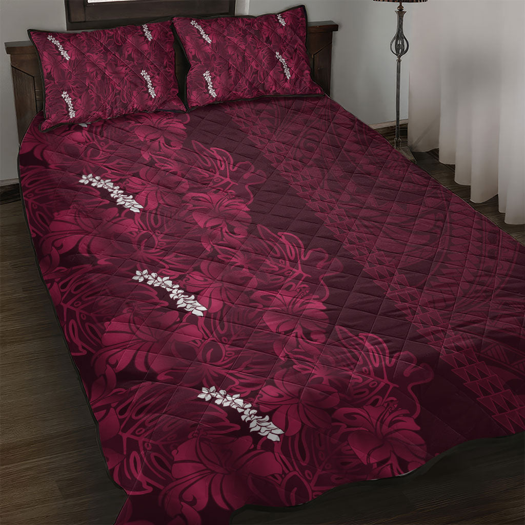 Burgundy Hibiscus Monstera Seamless Kakau Hawaii Quilt Bed Set