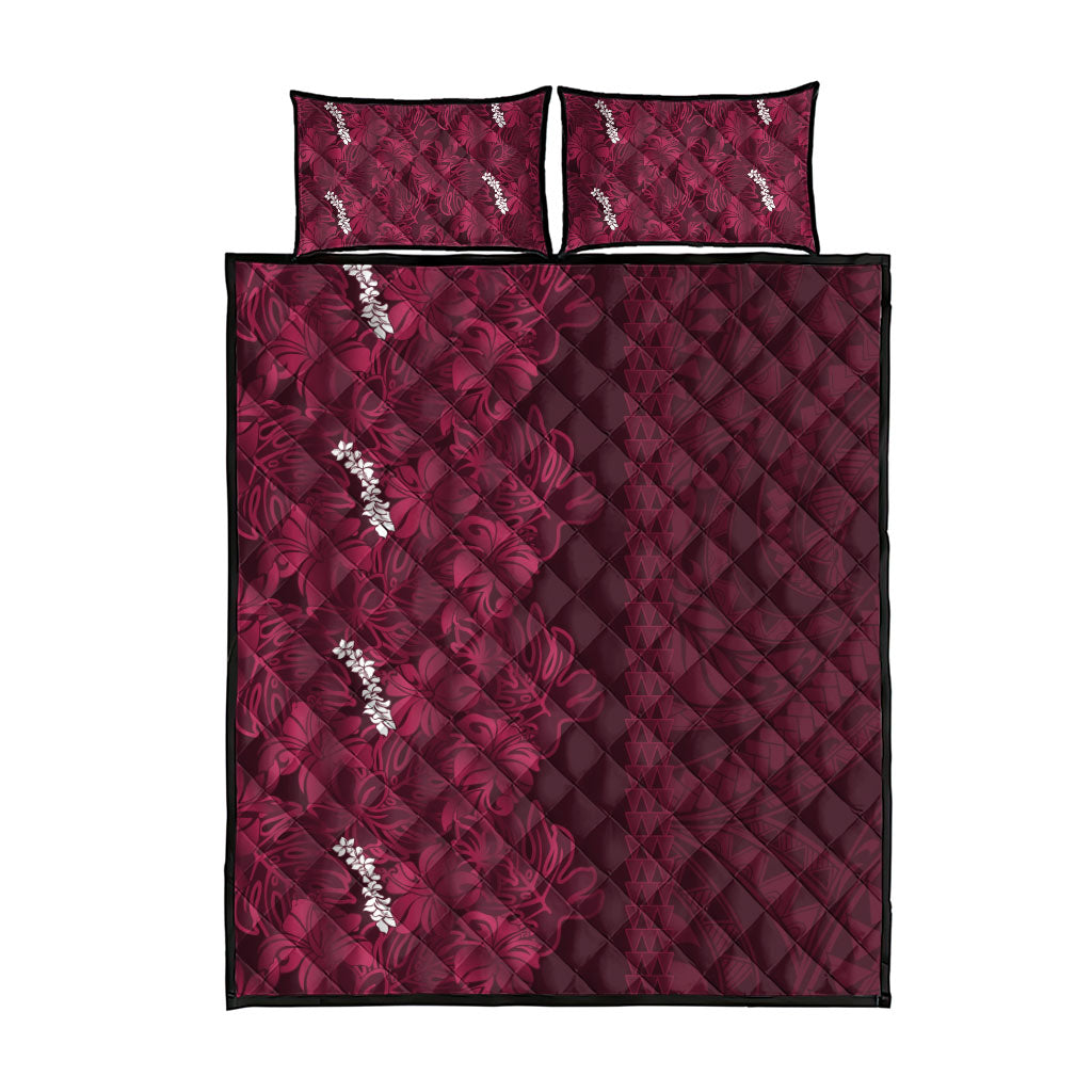 Burgundy Hibiscus Monstera Seamless Kakau Hawaii Quilt Bed Set LT14 - Polynesian Pride
