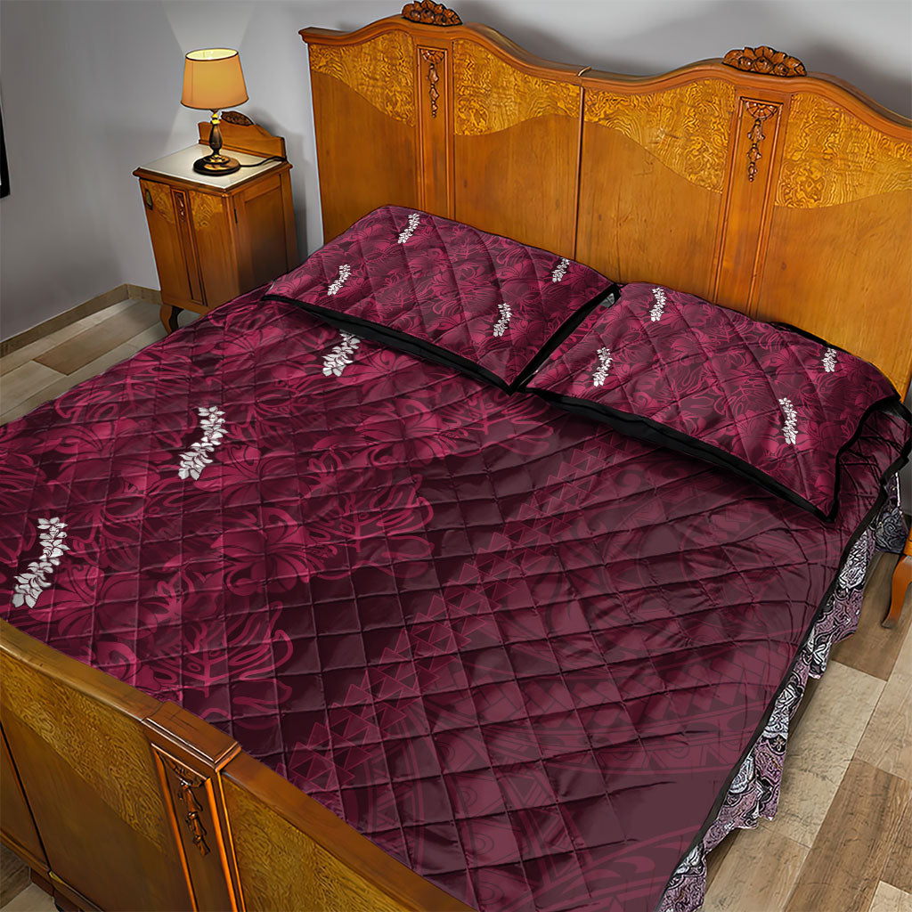 Burgundy Hibiscus Monstera Seamless Kakau Hawaii Quilt Bed Set LT14 - Polynesian Pride