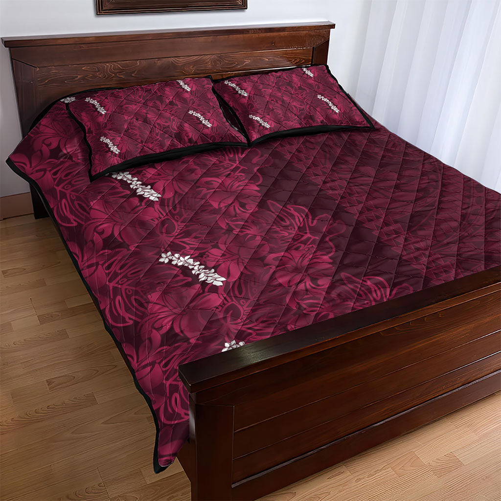 Burgundy Hibiscus Monstera Seamless Kakau Hawaii Quilt Bed Set LT14 - Polynesian Pride
