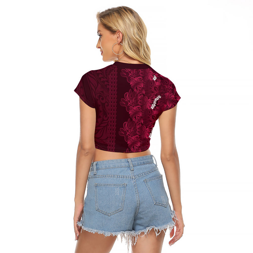 Burgundy Hibiscus Monstera Seamless Kakau Hawaii Raglan Cropped T Shirt LT14 - Polynesian Pride