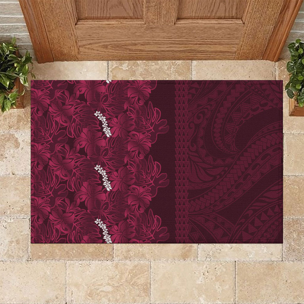 Burgundy Hibiscus Monstera Seamless Kakau Hawaii Rubber Doormat