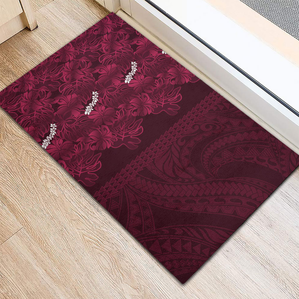Burgundy Hibiscus Monstera Seamless Kakau Hawaii Rubber Doormat LT14 - Polynesian Pride