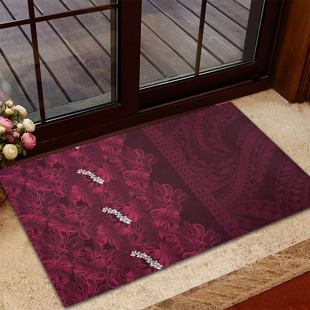Burgundy Hibiscus Monstera Seamless Kakau Hawaii Rubber Doormat LT14 - Polynesian Pride