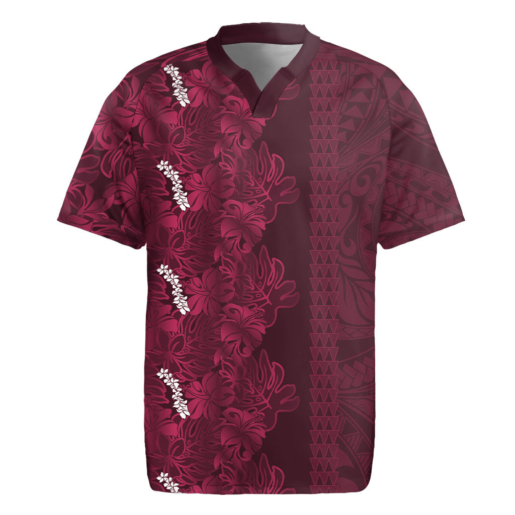 Burgundy Hibiscus Monstera Seamless Kakau Hawaii Rugby Jersey
