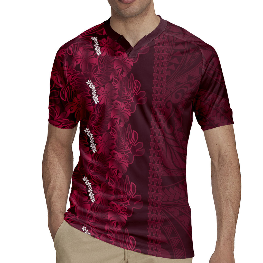 Burgundy Hibiscus Monstera Seamless Kakau Hawaii Rugby Jersey LT14 - Polynesian Pride