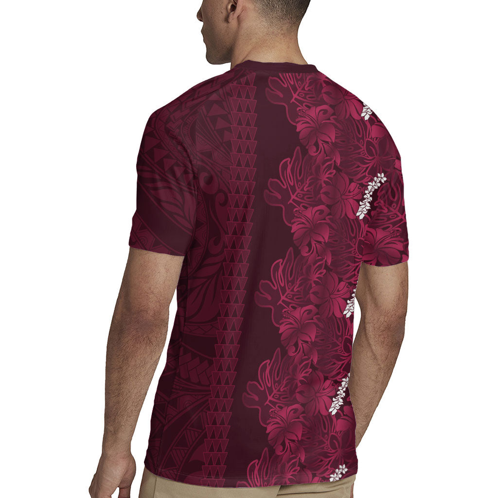 Burgundy Hibiscus Monstera Seamless Kakau Hawaii Rugby Jersey LT14 - Polynesian Pride