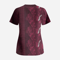 Burgundy Hibiscus Monstera Seamless Kakau Hawaii Scrub Top LT14 - Polynesian Pride