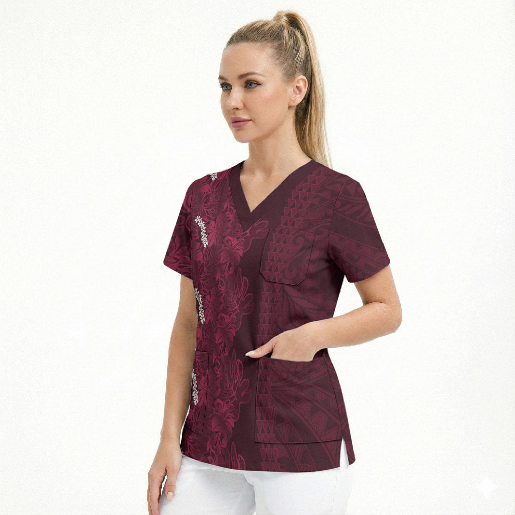 Burgundy Hibiscus Monstera Seamless Kakau Hawaii Scrub Top LT14 - Polynesian Pride