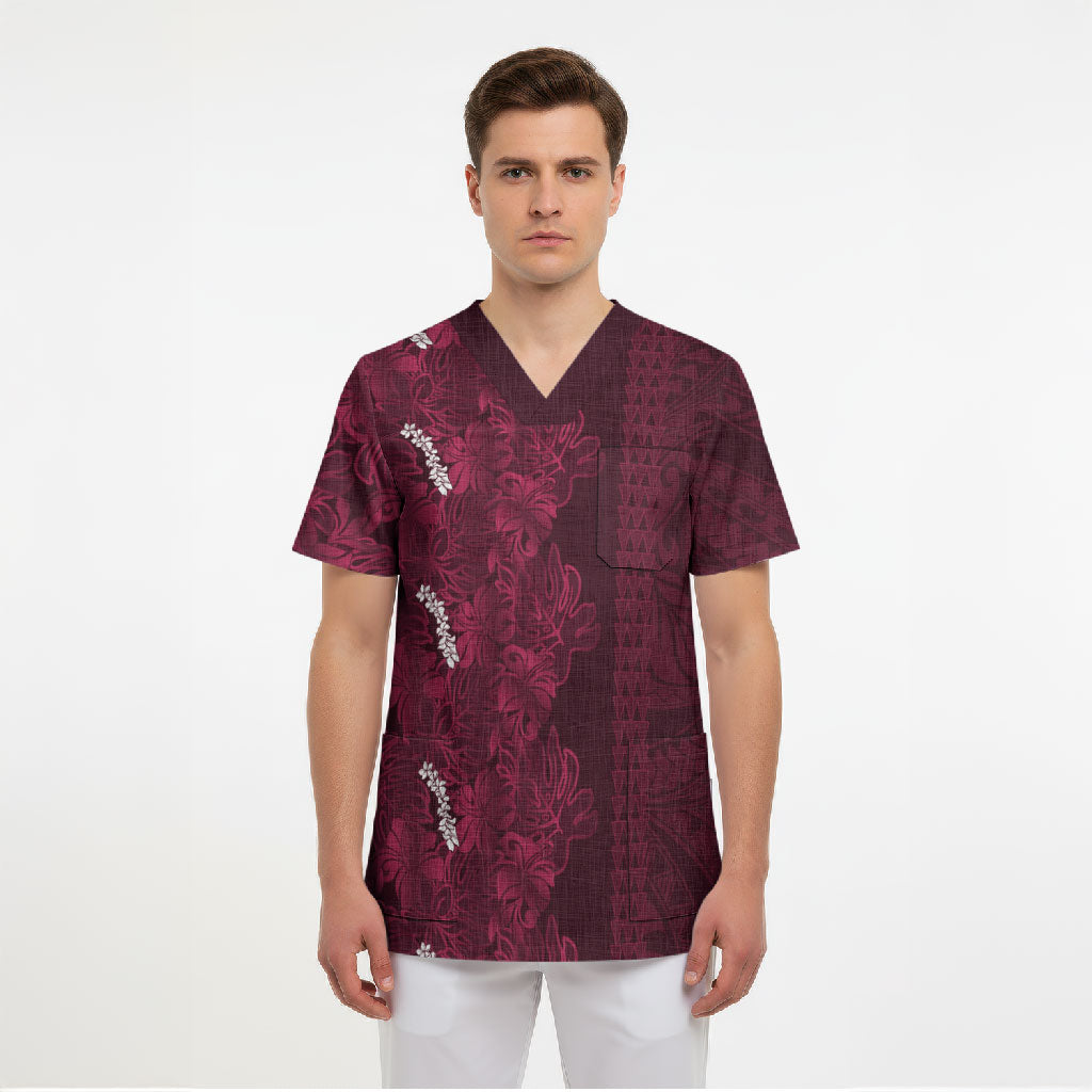 Burgundy Hibiscus Monstera Seamless Kakau Hawaii Scrub Top LT14 - Polynesian Pride