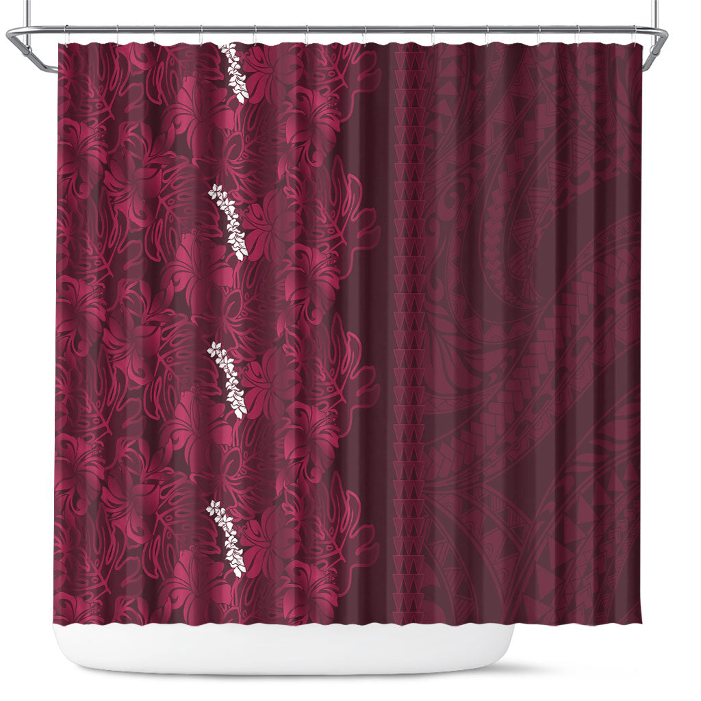 Burgundy Hibiscus Monstera Seamless Kakau Hawaii Shower Curtain