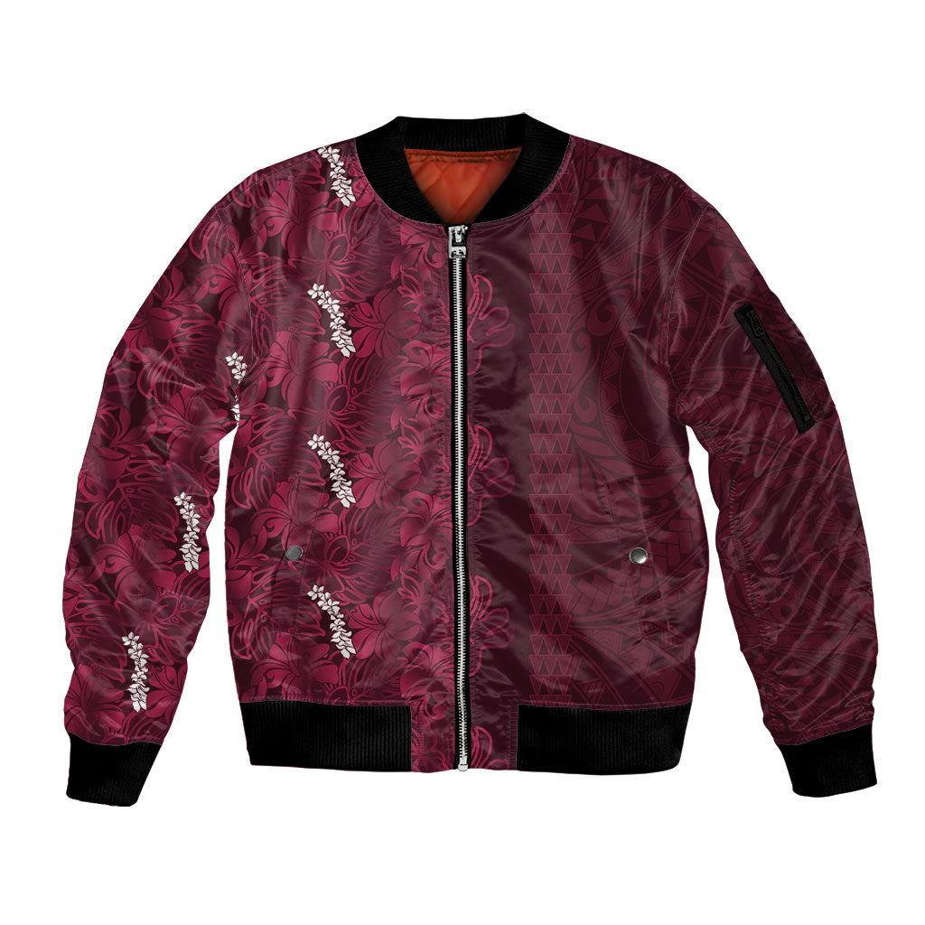 Burgundy Hibiscus Monstera Seamless Kakau Hawaii Sleeve Zip Bomber Jacket LT14 Unisex Burgundy - Polynesian Pride