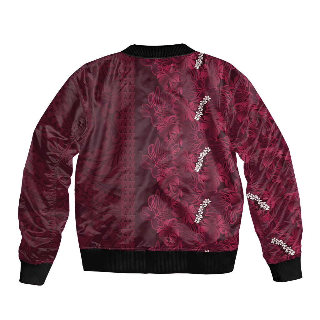 Burgundy Hibiscus Monstera Seamless Kakau Hawaii Sleeve Zip Bomber Jacket LT14 - Polynesian Pride