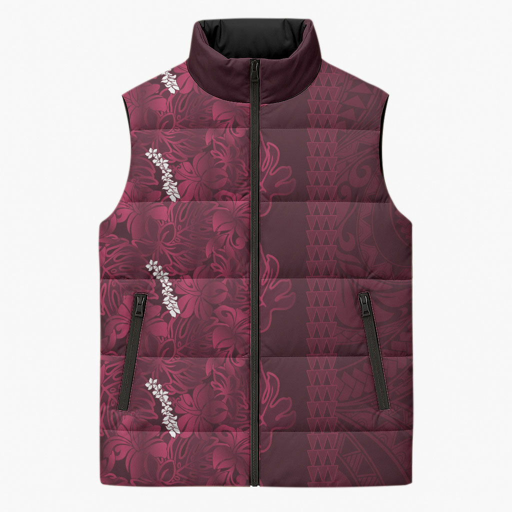 Burgundy Hibiscus Monstera Seamless Kakau Hawaii Sleeveless Puffer Jacket