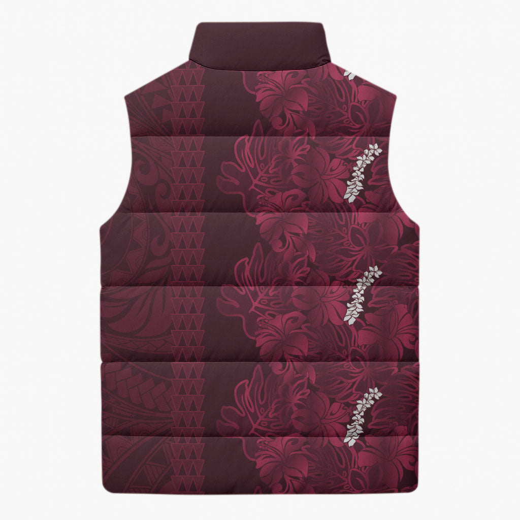 Burgundy Hibiscus Monstera Seamless Kakau Hawaii Sleeveless Puffer Jacket LT14 - Polynesian Pride