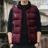 Burgundy Hibiscus Monstera Seamless Kakau Hawaii Sleeveless Puffer Jacket LT14 - Polynesian Pride