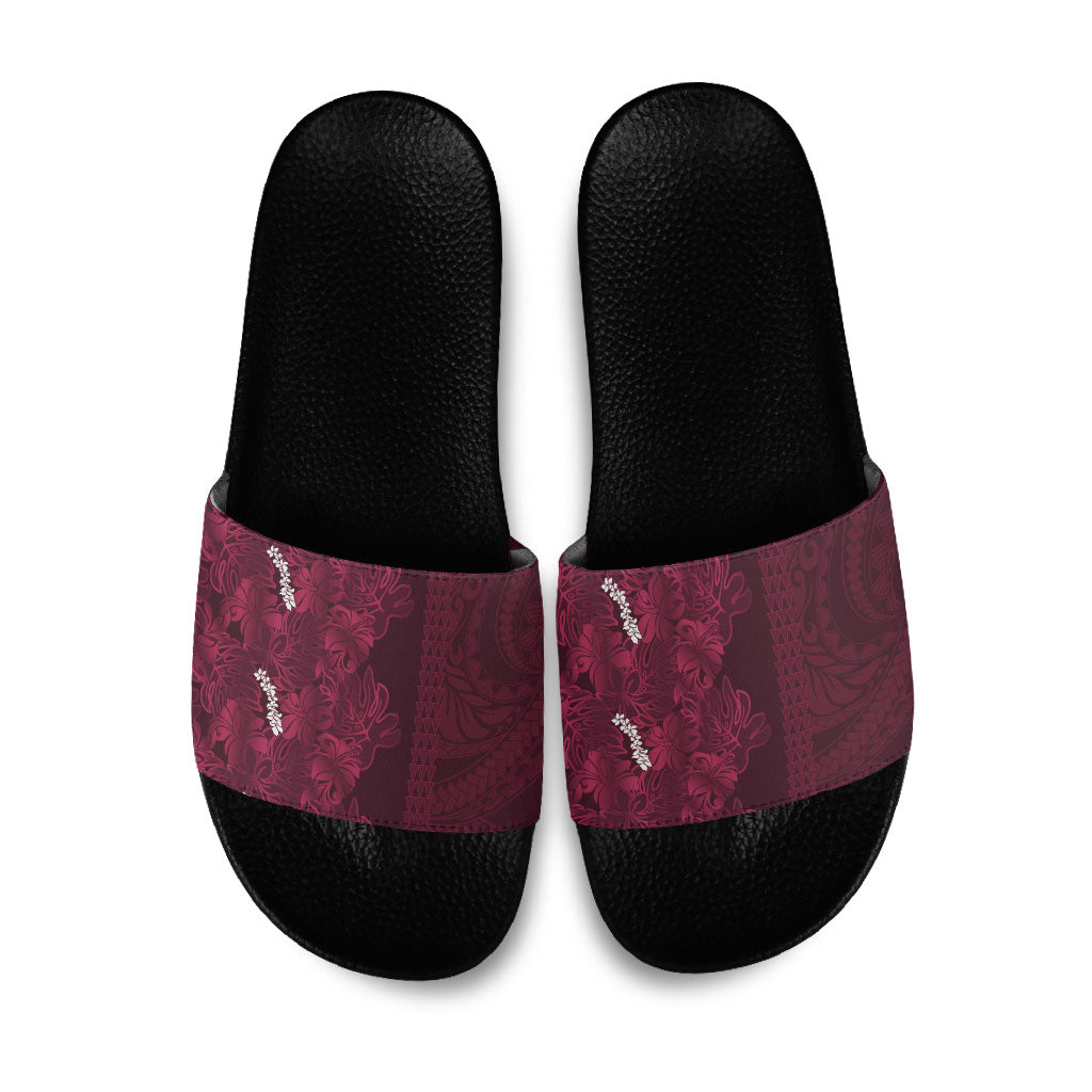 Burgundy Hibiscus Monstera Seamless Kakau Hawaii Slide Sandals