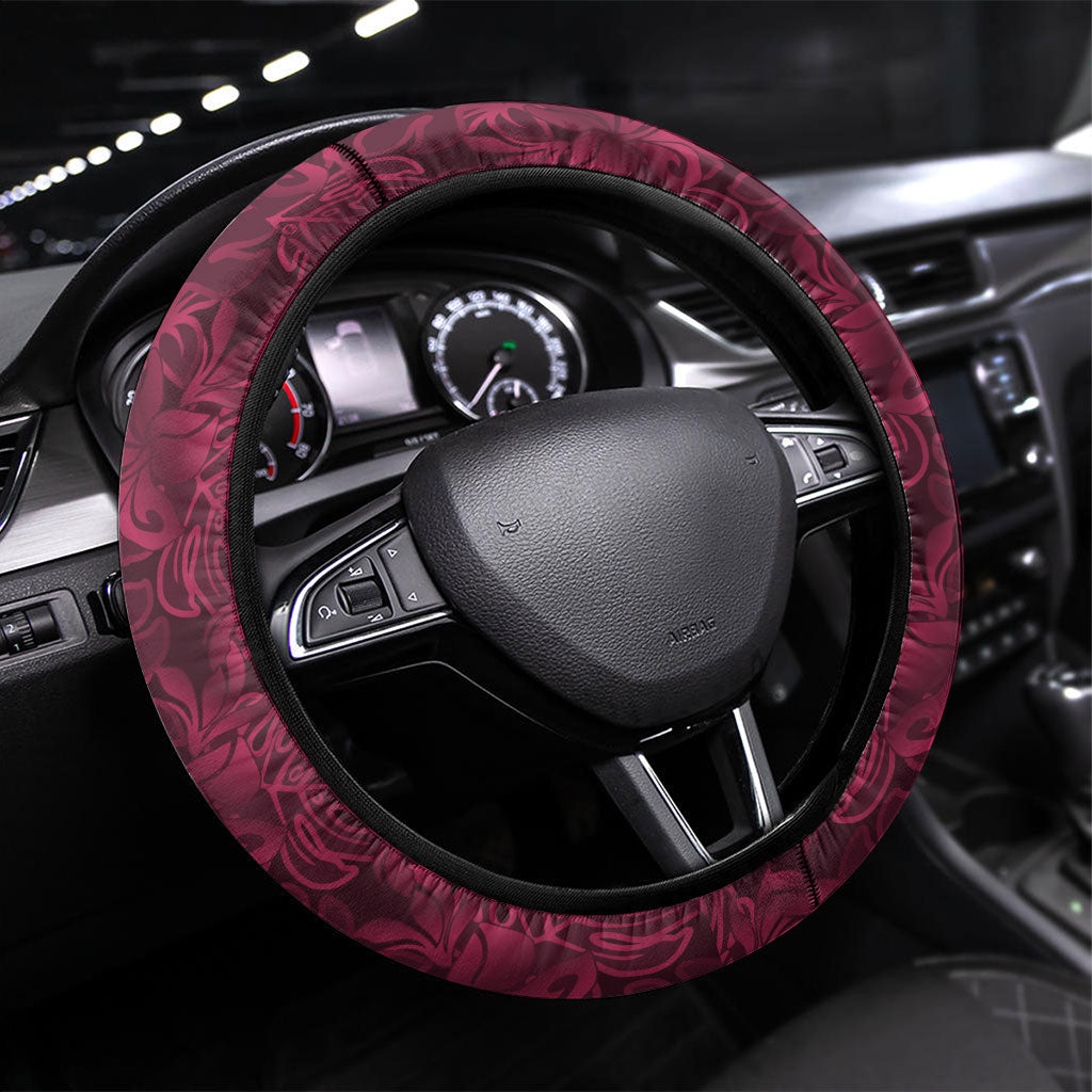 Burgundy Hibiscus Monstera Seamless Kakau Hawaii Steering Wheel Cover
