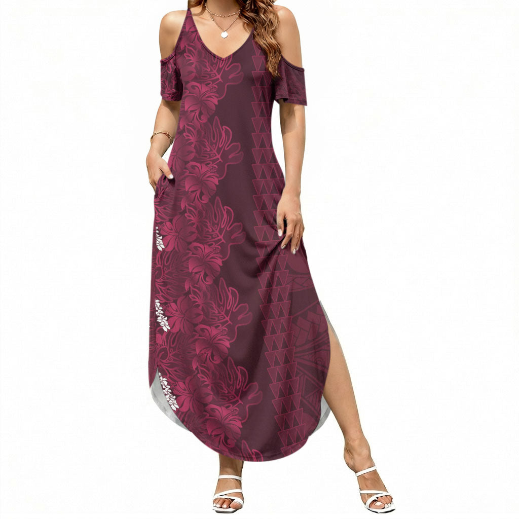 Burgundy Hibiscus Monstera Seamless Kakau Hawaii Summer Maxi Dress LT14 Women Burgundy - Polynesian Pride