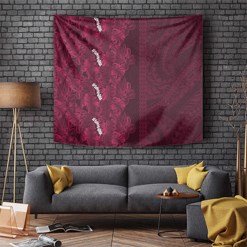 Burgundy Hibiscus Monstera Seamless Kakau Hawaii Tapestry