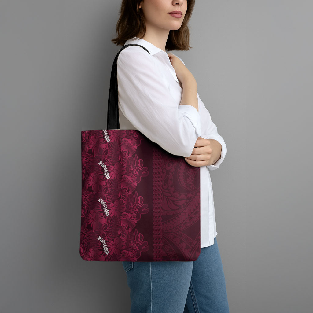 Burgundy Hibiscus Monstera Seamless Kakau Hawaii Tote Bag LT14 - Polynesian Pride