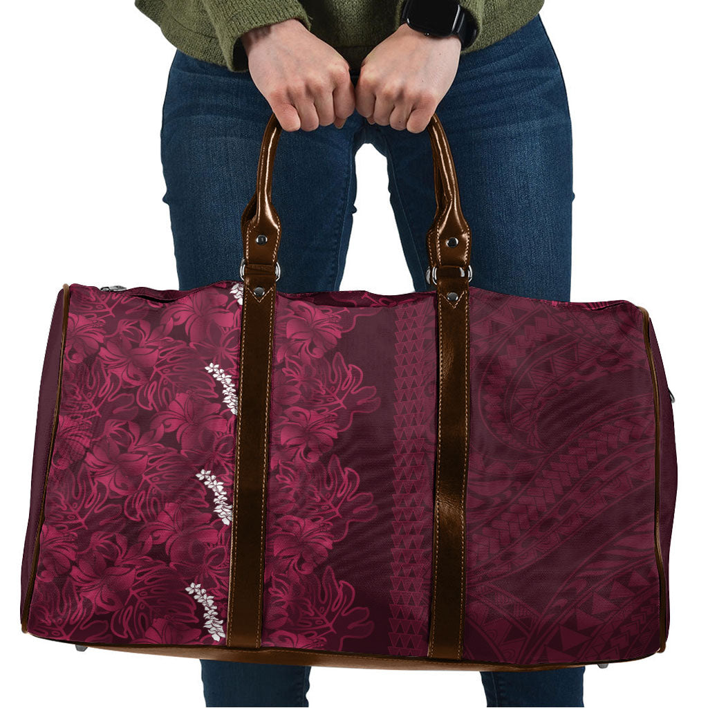 Burgundy Hibiscus Monstera Seamless Kakau Hawaii Travel Bag