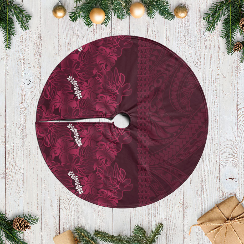 Burgundy Hibiscus Monstera Seamless Kakau Hawaii Tree Skirt