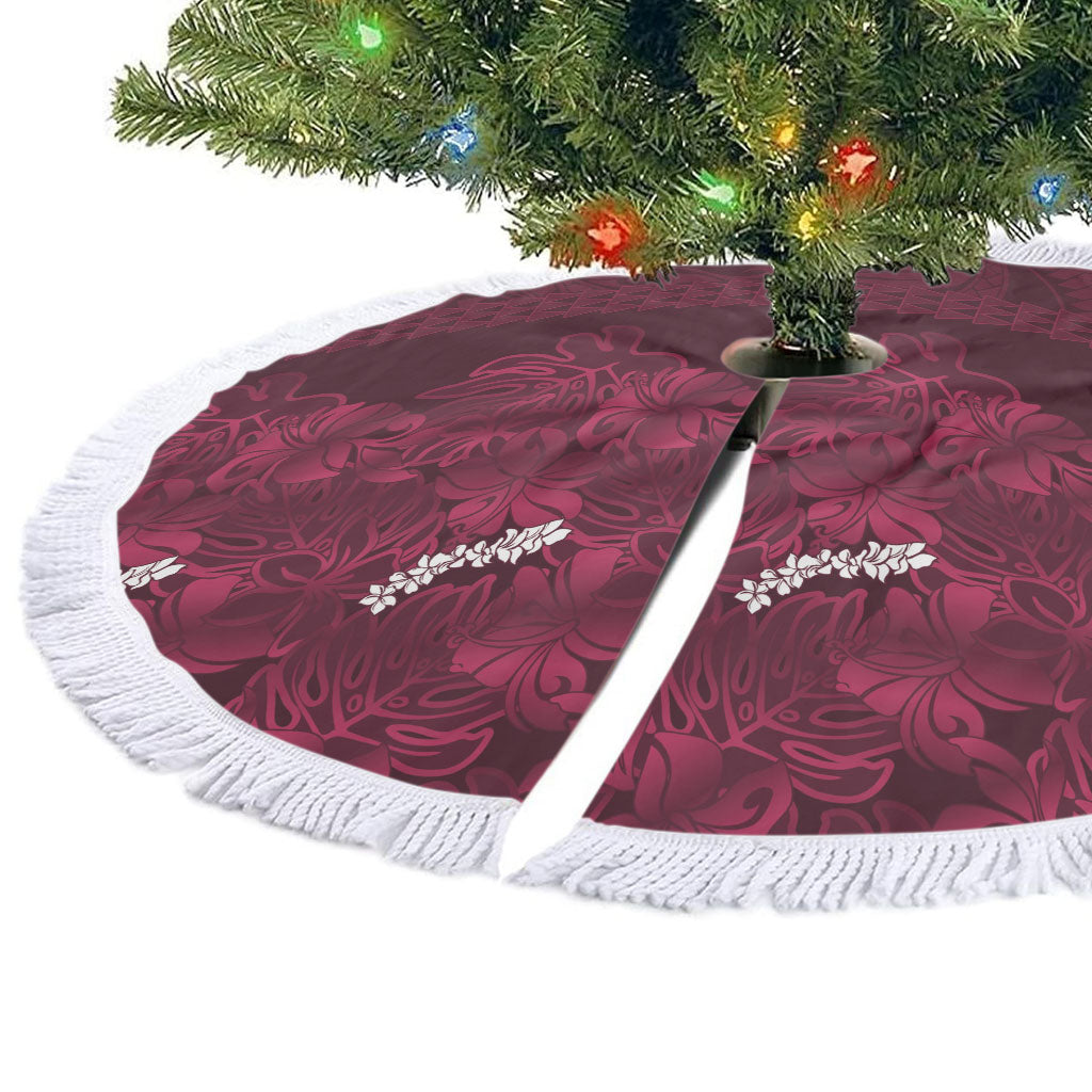 Burgundy Hibiscus Monstera Seamless Kakau Hawaii Tree Skirt LT14 - Polynesian Pride