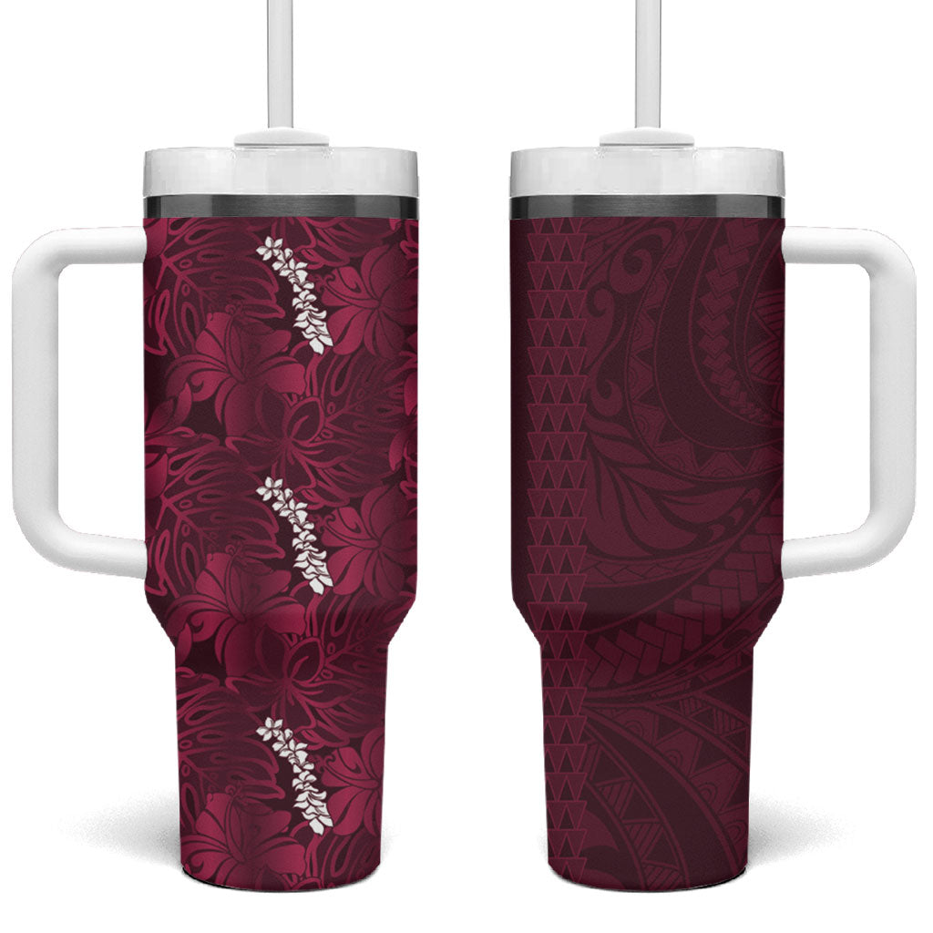 Burgundy Hibiscus Monstera Seamless Kakau Hawaii Tumbler With Handle