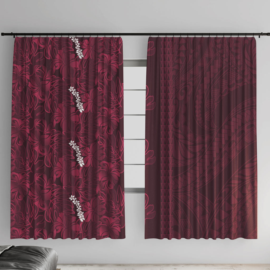 Burgundy Hibiscus Monstera Seamless Kakau Hawaii Window Curtain