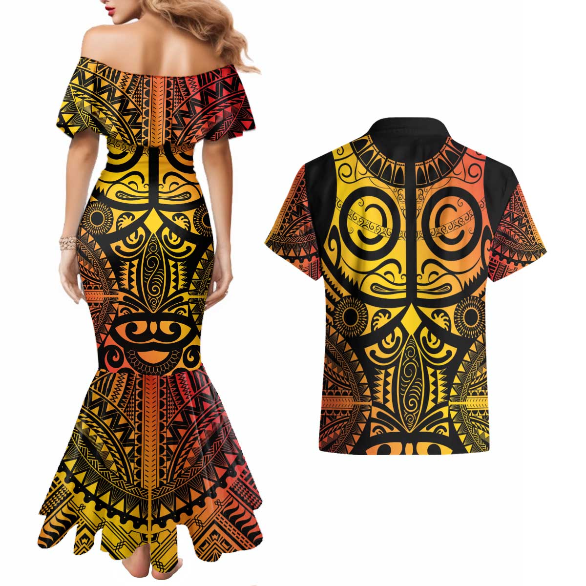 Marquesas Islands Couples Matching Mermaid Dress and Hawaiian Shirt Marquesan Tattoo Yellow Gradient - Polynesian Pride