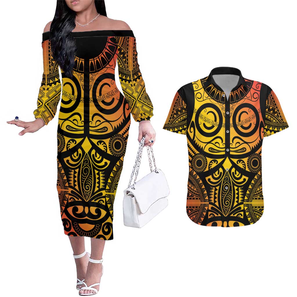 Marquesas Islands Couples Matching Off The Shoulder Long Sleeve Dress and Hawaiian Shirt Marquesan Tattoo Yellow Gradient - Polynesian Pride